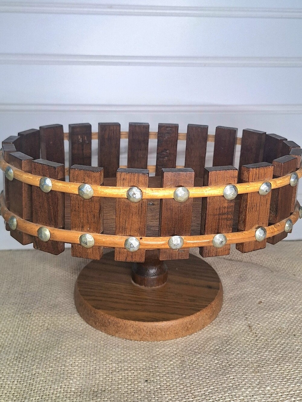 Vintage Slatted Wood Oval Nut And Fruit Pedestal Bowl, Mid Century
